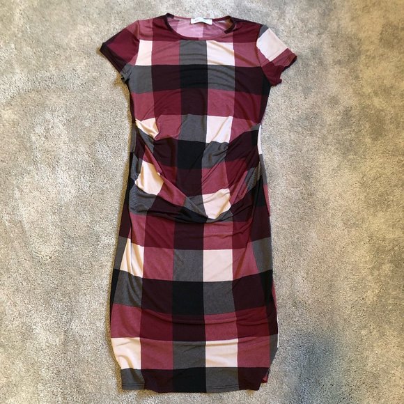 My Bump Maternity Bodycon Casual Short Sleeve Large Plaid Dress - Picture 2 of 4